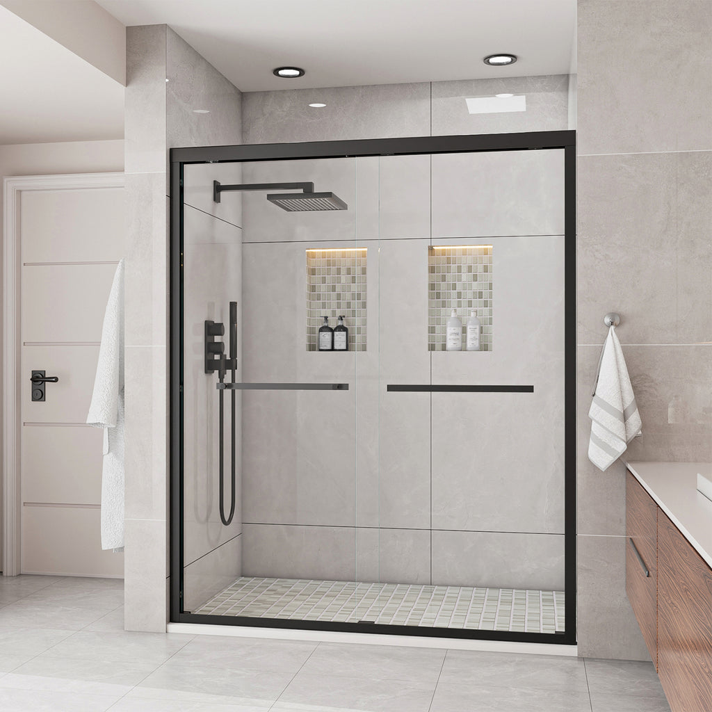 56-60 In. W X 72 In. H Double Sliding Framed Shower Door With Nano-Coated Clean Tempered Glass In Matte Black