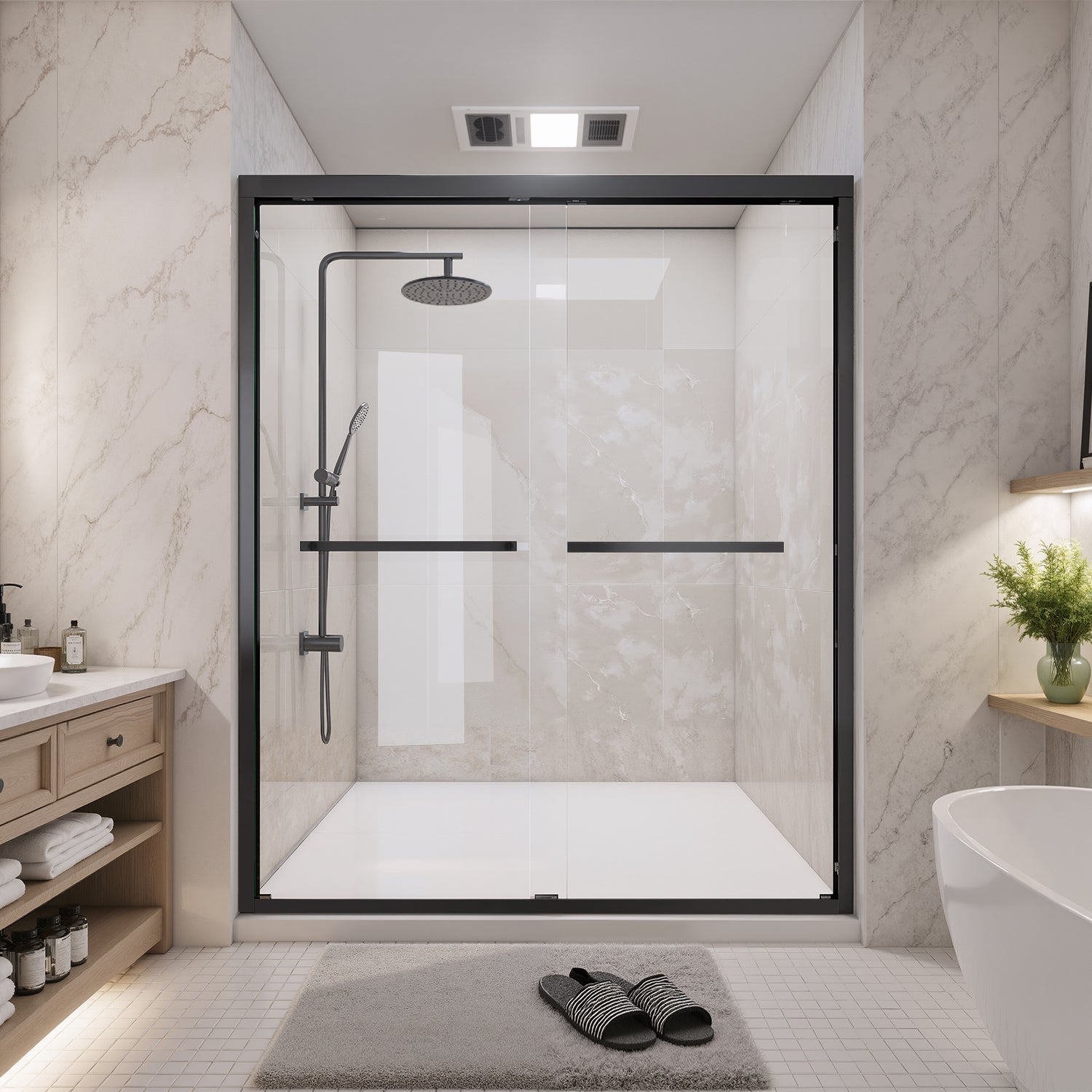 44-48 In. W X 72 In. H Double Sliding Framed Shower Door With Nano-Coated Clean Tempered Glass In Matte Black