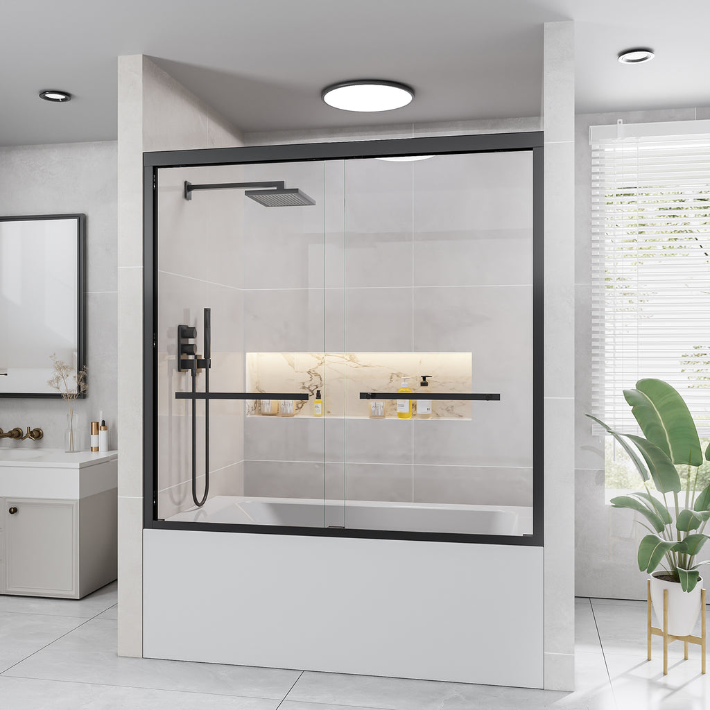 56-60 In. W X 58 In. H Sliding Framed Tub Door In Matte Black With Tempered Clear Glass