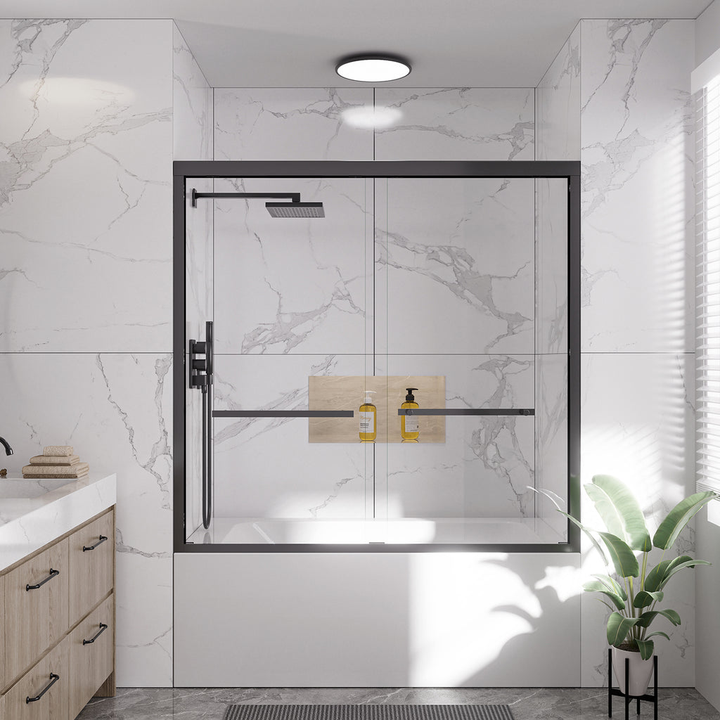 56-60 In. W X 58 In. H Sliding Framed Tub Door In Matte Black With Tempered Clear Glass