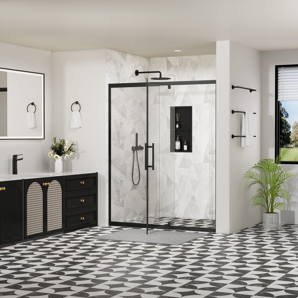 50–54" W x 72" H Framed Sliding Shower Door with Fixed Panel, Matte Black, Nano-Coated Tempered Glass