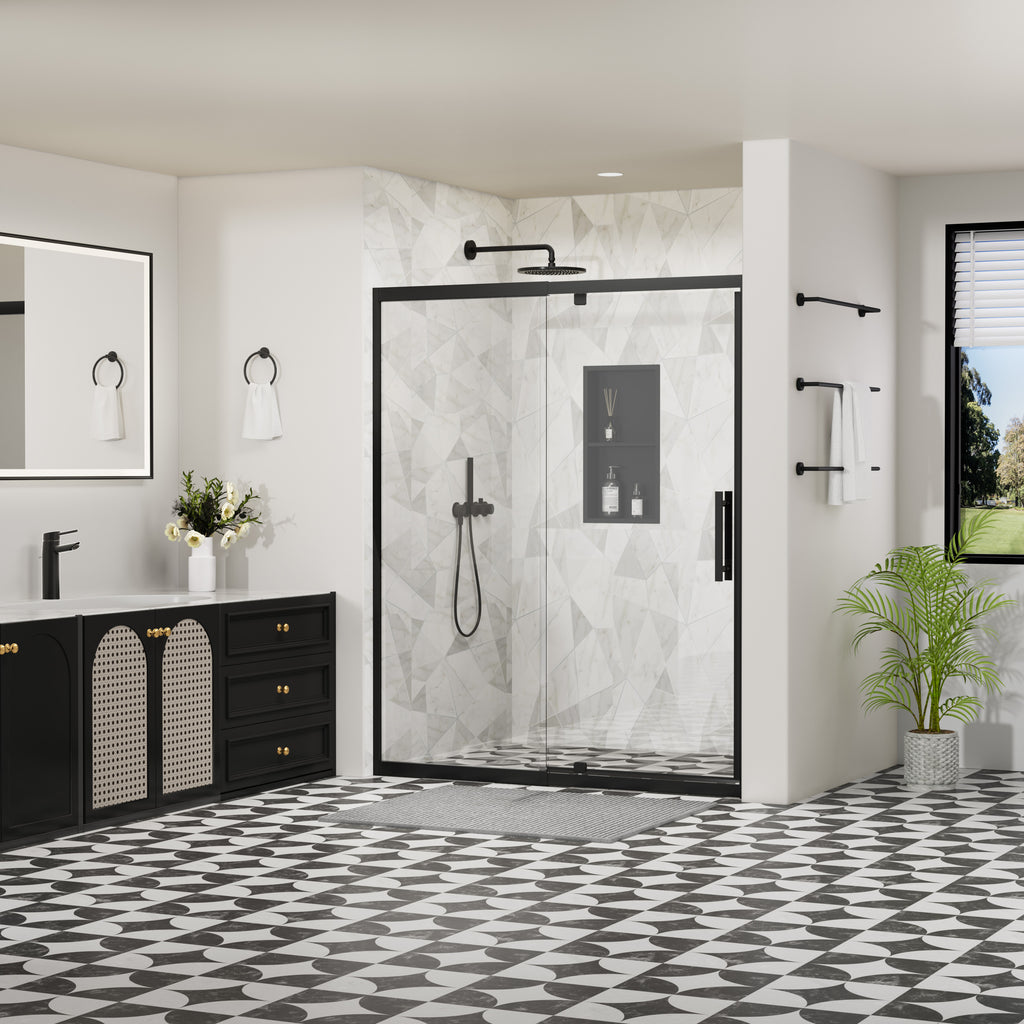 56–60" W x 72" H Framed Sliding Shower Door with Fixed Panel, Matte Black, Nano-Coated Tempered Glass SD06MB6072