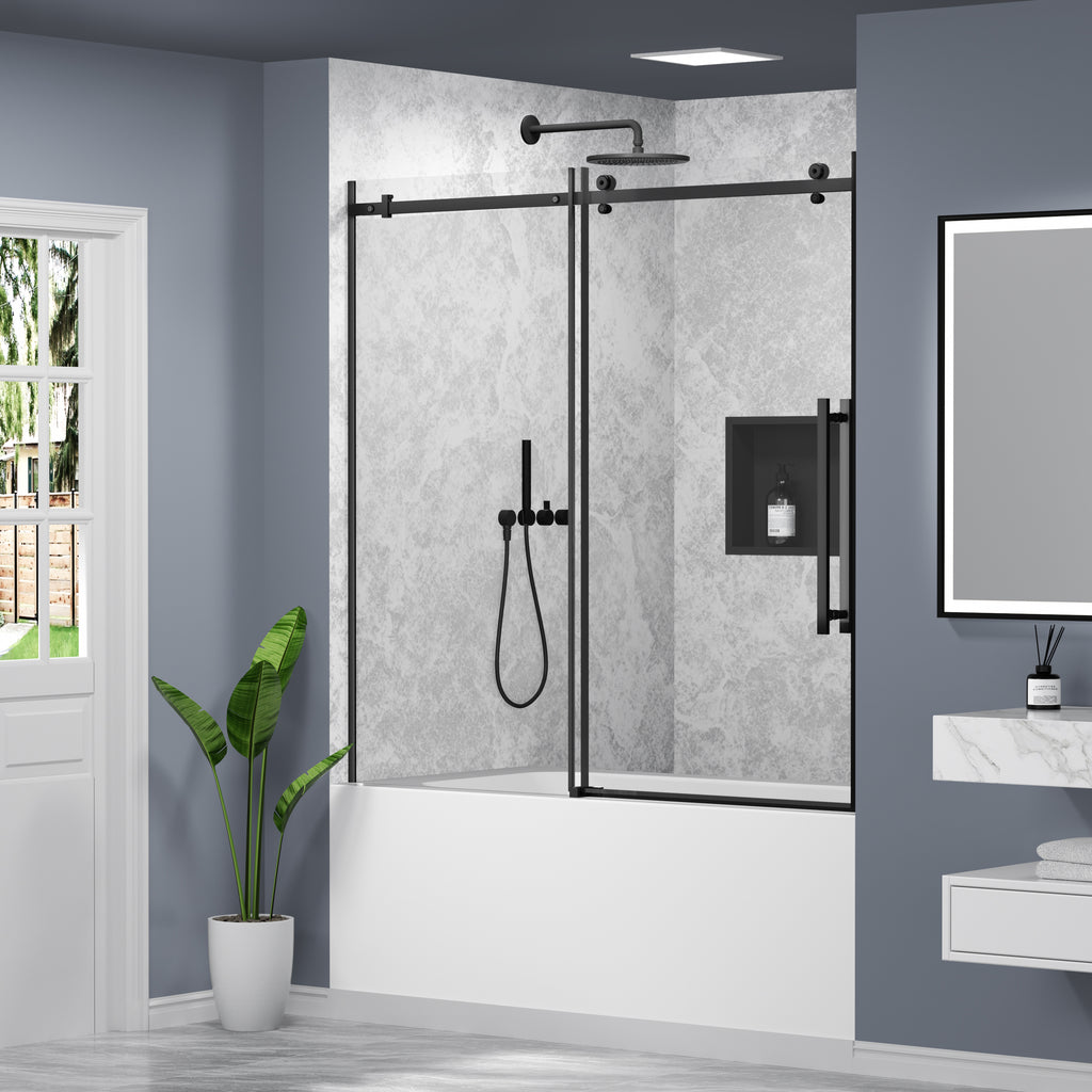 56-60 In. W X 58 In. H Frameless Single Sliding Shower Door With Nano-Coated Clean Tempered Glass In Matte Black