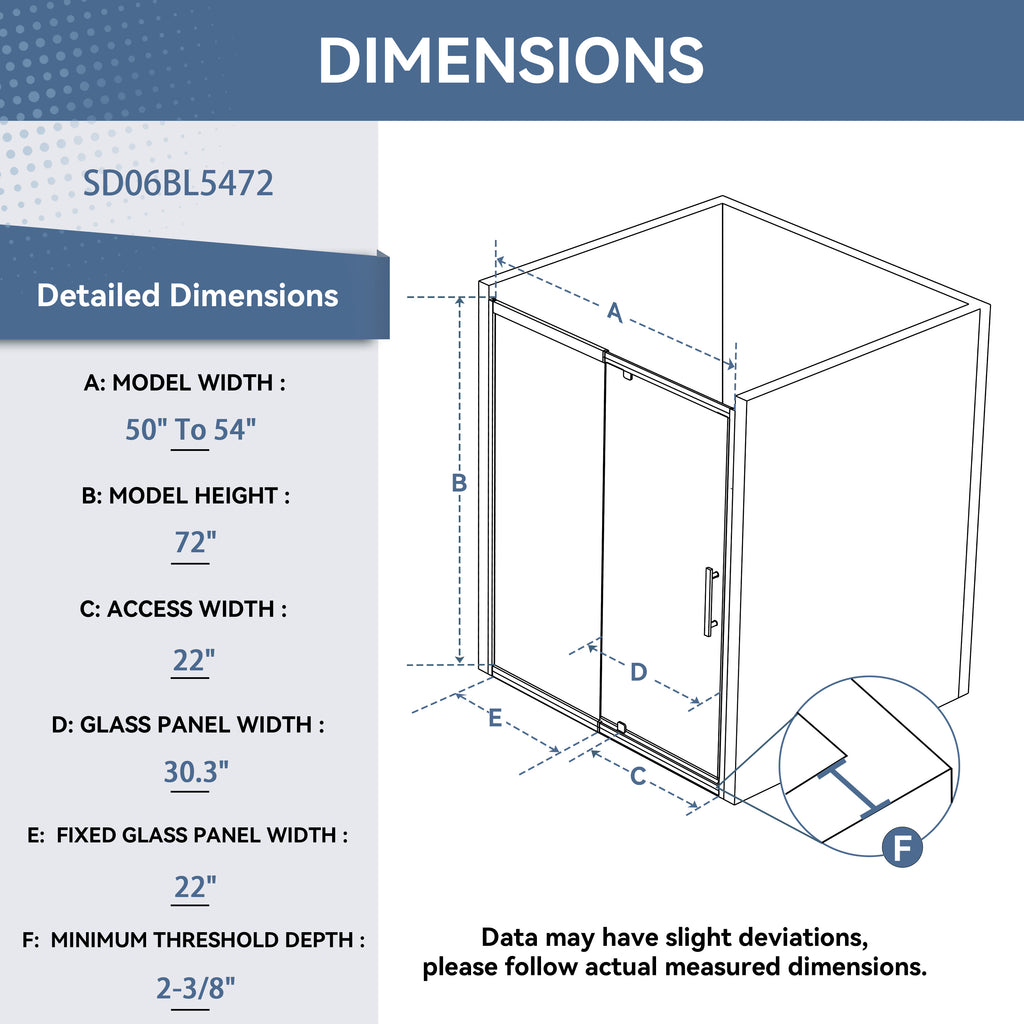 50–54" W x 72" H Framed Sliding Shower Door with Fixed Panel, Matte Black, Nano-Coated Tempered Glass