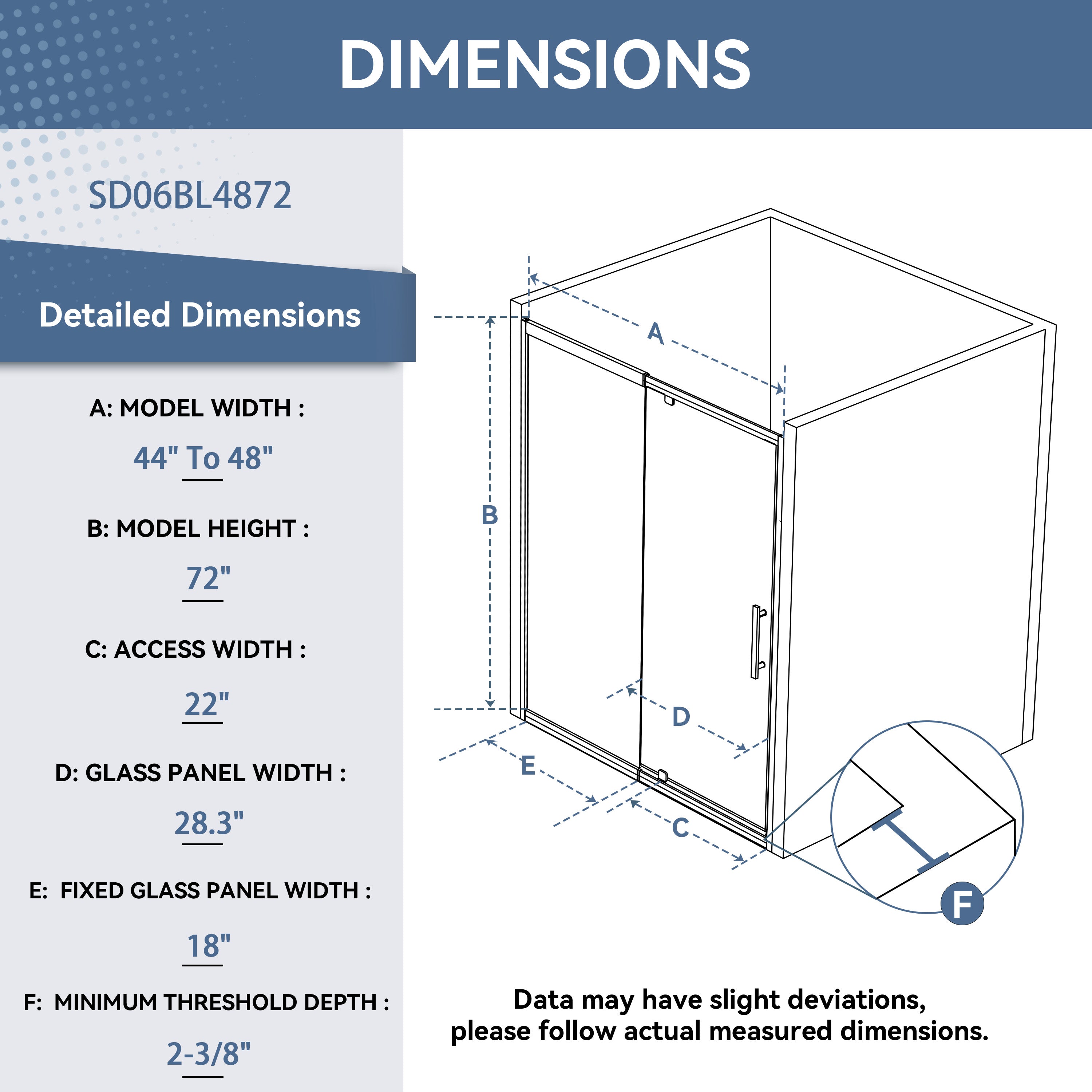 44–48" W x 72" H Framed Sliding Shower Door with Fixed Panel, Matte Black, Nano-Coated Tempered Glass