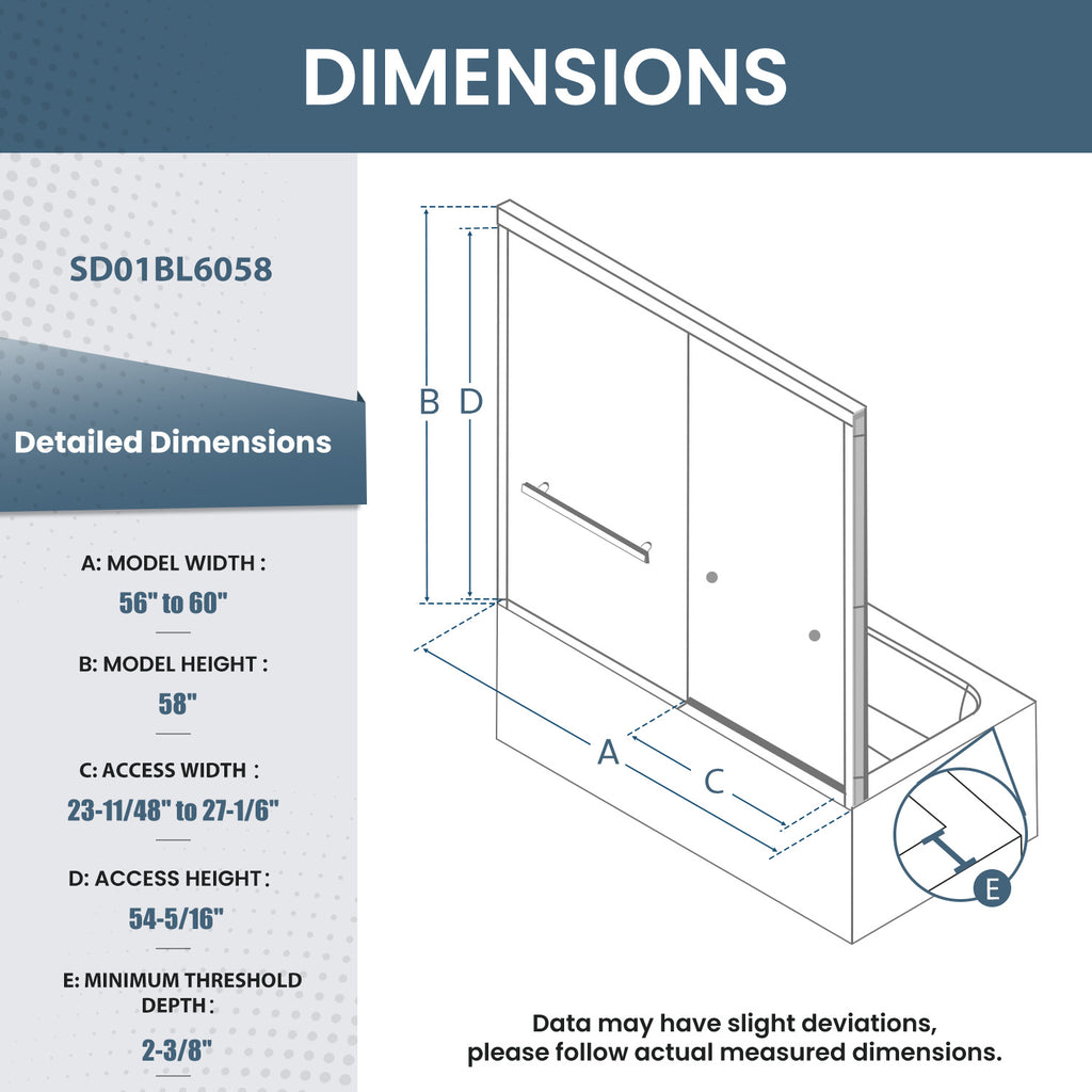 56-60 In. W X 58 In. H Sliding Framed Tub Door In Matte Black With Tempered Clear Glass