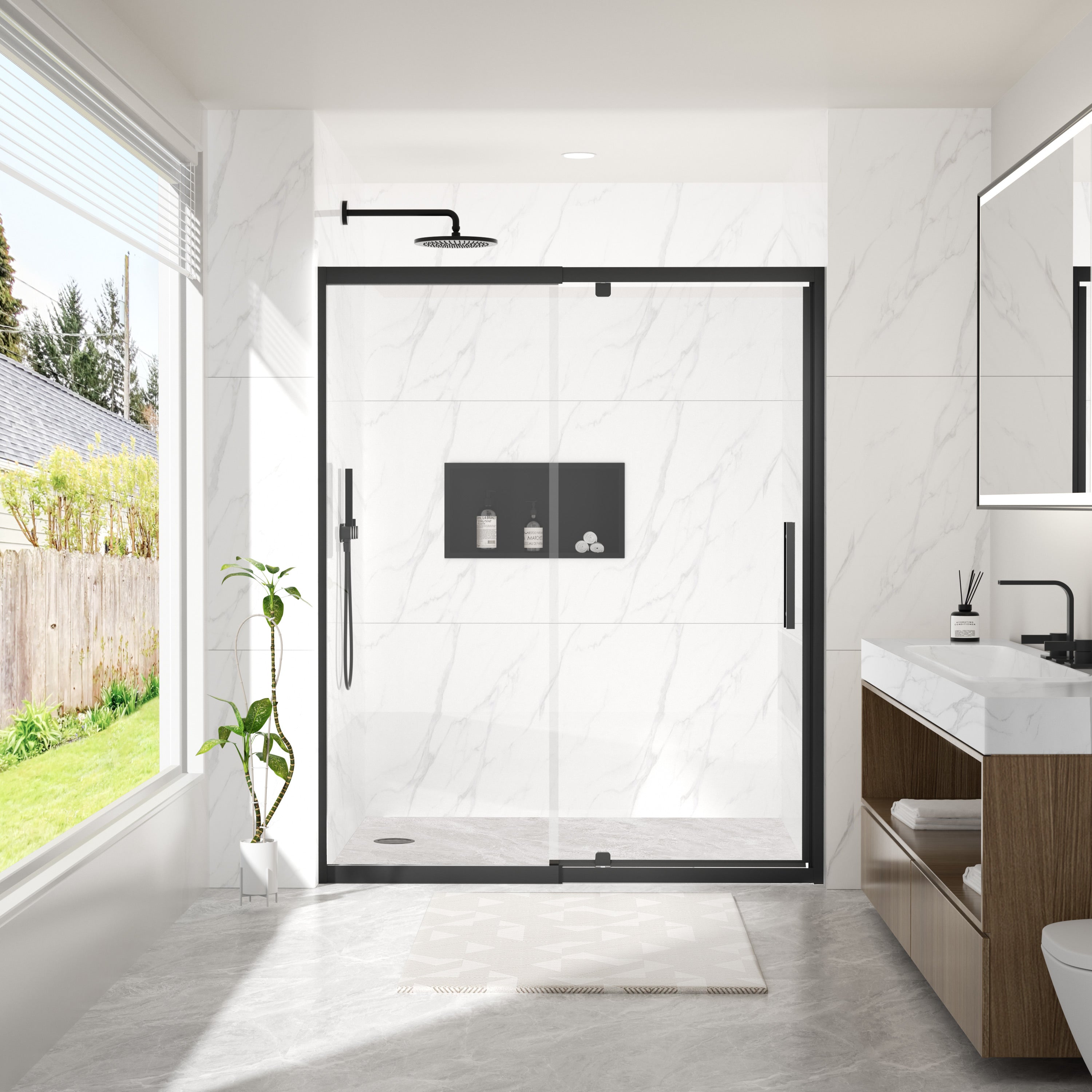 38–42" W x 72" H Framed Sliding Shower Door with Fixed Panel, Matte Black, Nano-Coated Tempered Glass