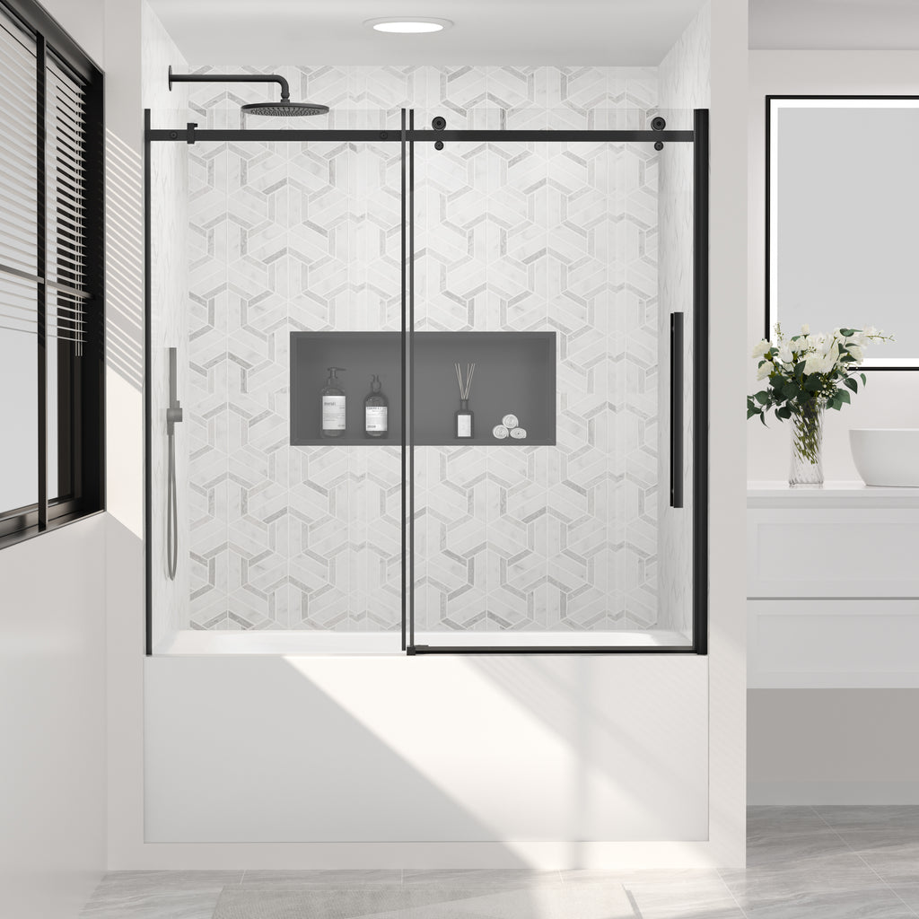 56-60 In. W X 58 In. H Frameless Single Sliding Shower Door With Nano-Coated Clean Tempered Glass In Matte Black
