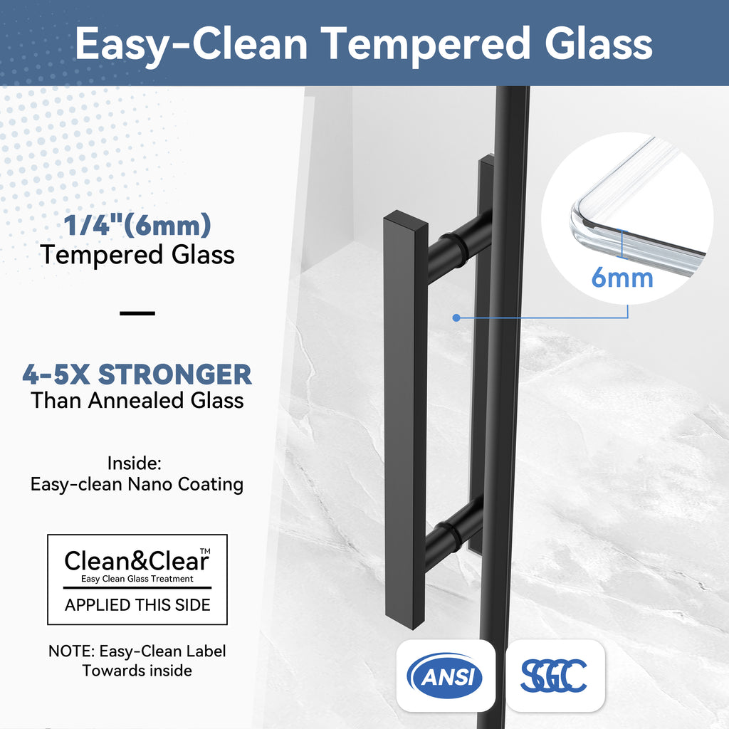 44–48" W x 72" H Framed Sliding Shower Door with Fixed Panel, Matte Black, Nano-Coated Tempered Glass