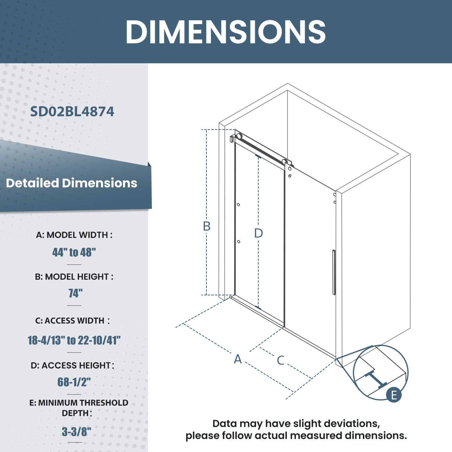 44-48 In. W X 74 In. H Semi-Frameless Sliding Shower Door with 1/4 in. Clear Tempered Glass in Matte Black
