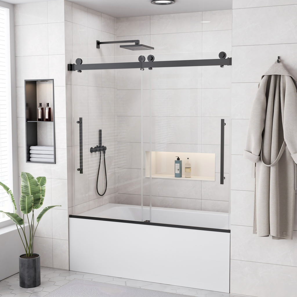 56-60 in. W x 58 in. H Semi-Frameless Sliding Tub Door with 1/4 in. Clear Tempered Glass in Matte Black