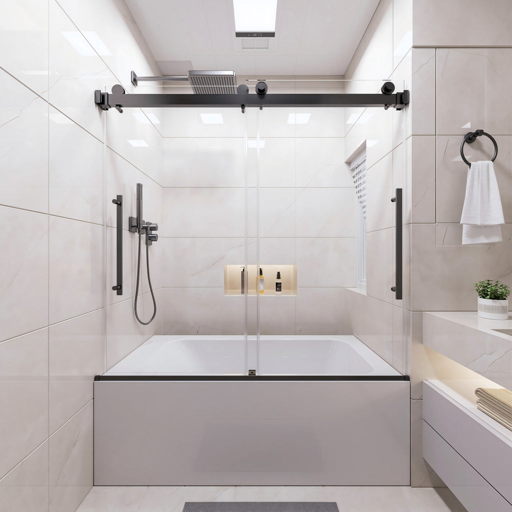 56-60 in. W x 58 in. H Semi-Frameless Sliding Tub Door with 1/4 in. Clear Tempered Glass in Matte Black