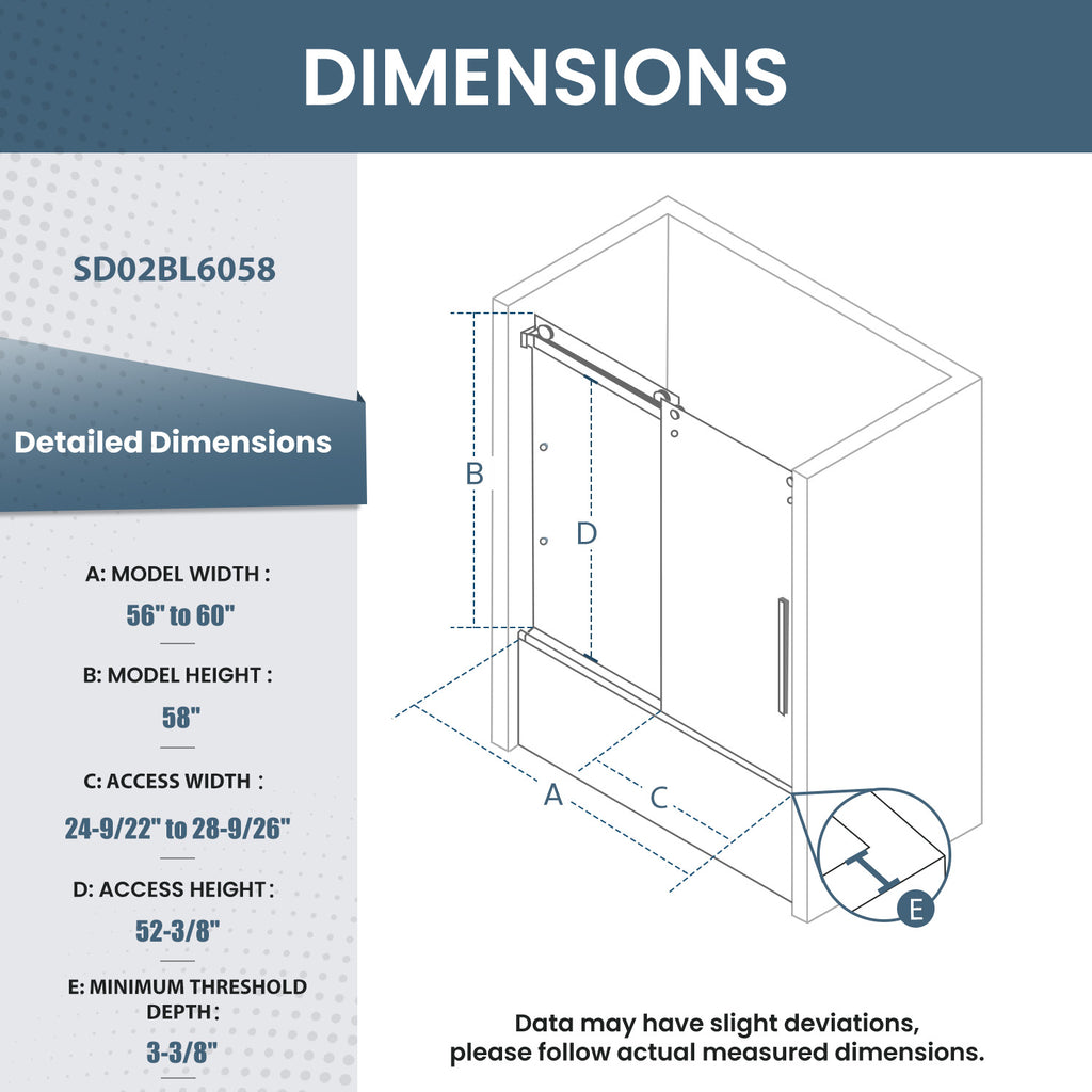 56-60 in. W x 58 in. H Semi-Frameless Sliding Tub Door with 1/4 in. Clear Tempered Glass in Matte Black