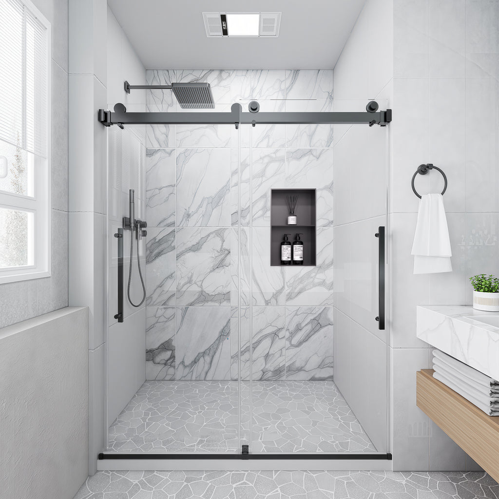 56-60 In. W X 74 In. H Semi-Frameless Sliding Shower Door with 1/4 in. Clear Tempered Glass in Matte Black