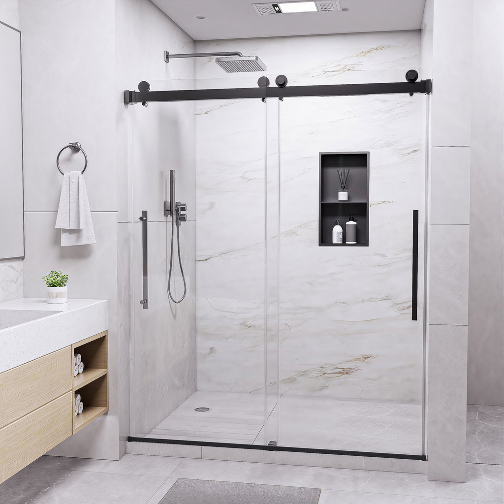 56-60 In. W X 74 In. H Semi-Frameless Sliding Shower Door with 1/4 in. Clear Tempered Glass in Matte Black