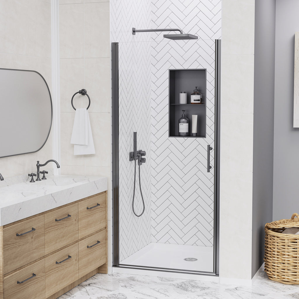 30–31 In. W x 72 In. H Frameless Pivot Swing Shower Door with Matte Black Frame and Nano-Coated Clear Tempered Glass