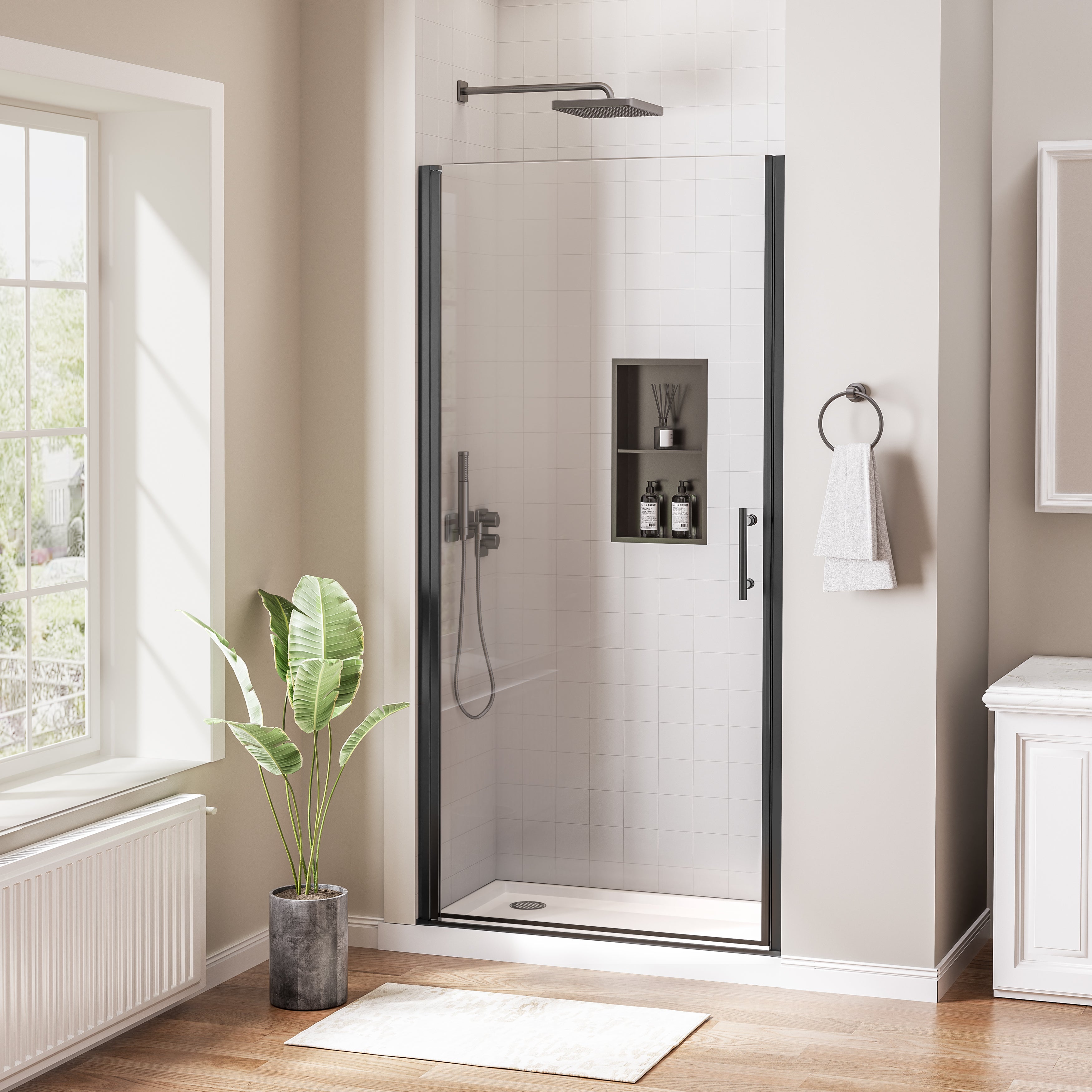 30–31 In. W x 72 In. H Frameless Pivot Swing Shower Door with Matte Black Frame and Nano-Coated Clear Tempered Glass