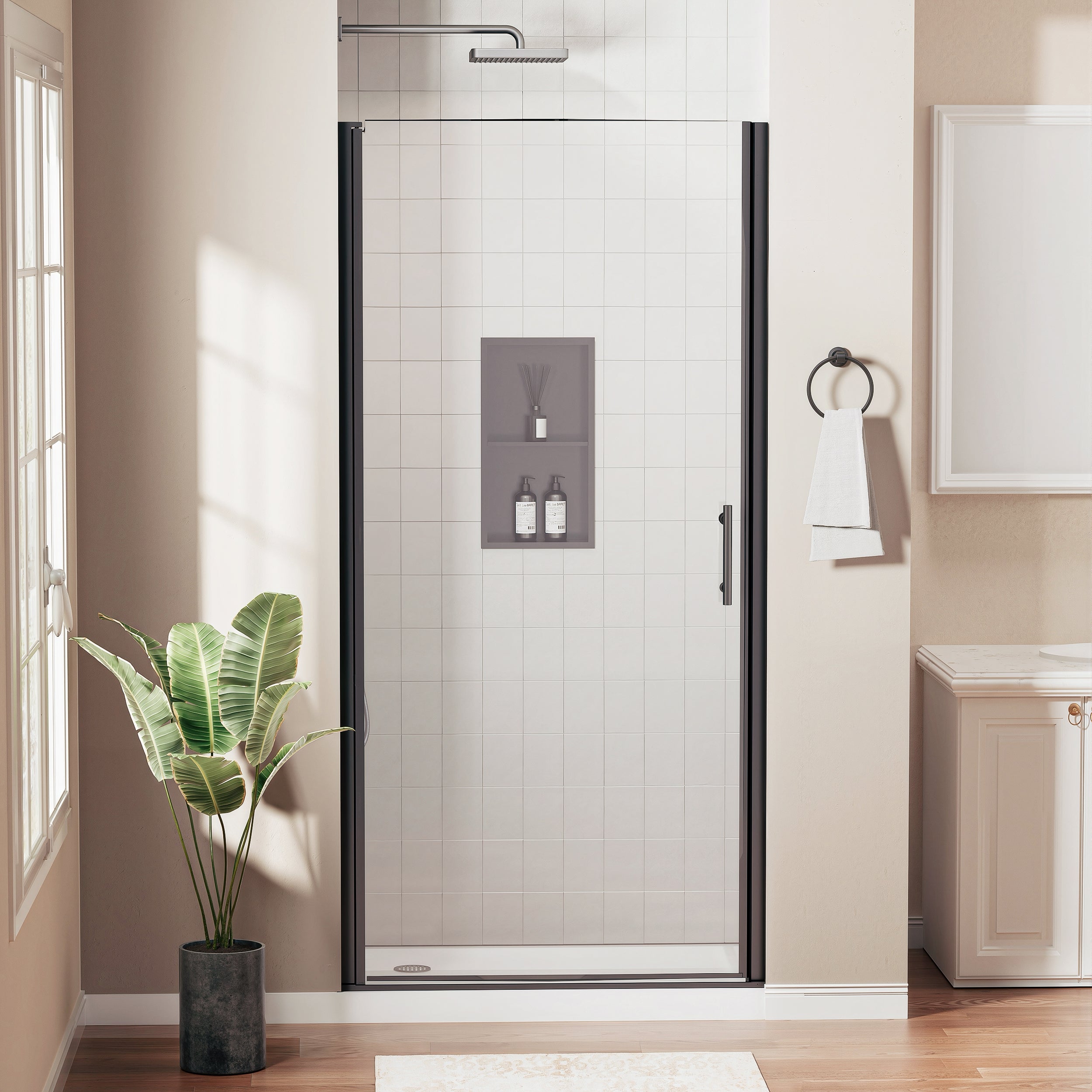 30–31 In. W x 72 In. H Frameless Pivot Swing Shower Door with Matte Black Frame and Nano-Coated Clear Tempered Glass