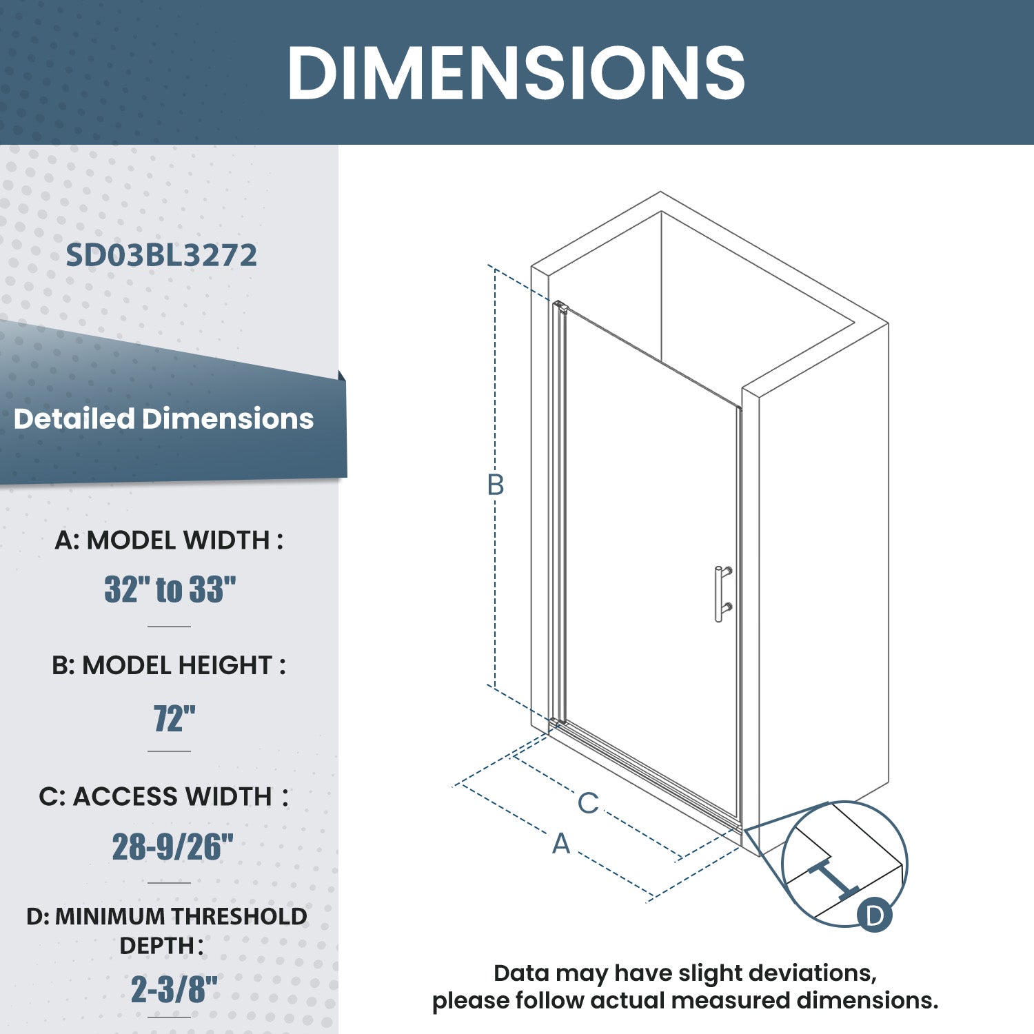 32-33 In. W X 72 In. H Frameless Pivot Swing Shower Door with Matte Black Frame and Nano-Coated Clear Tempered Glass SD03BL3272
