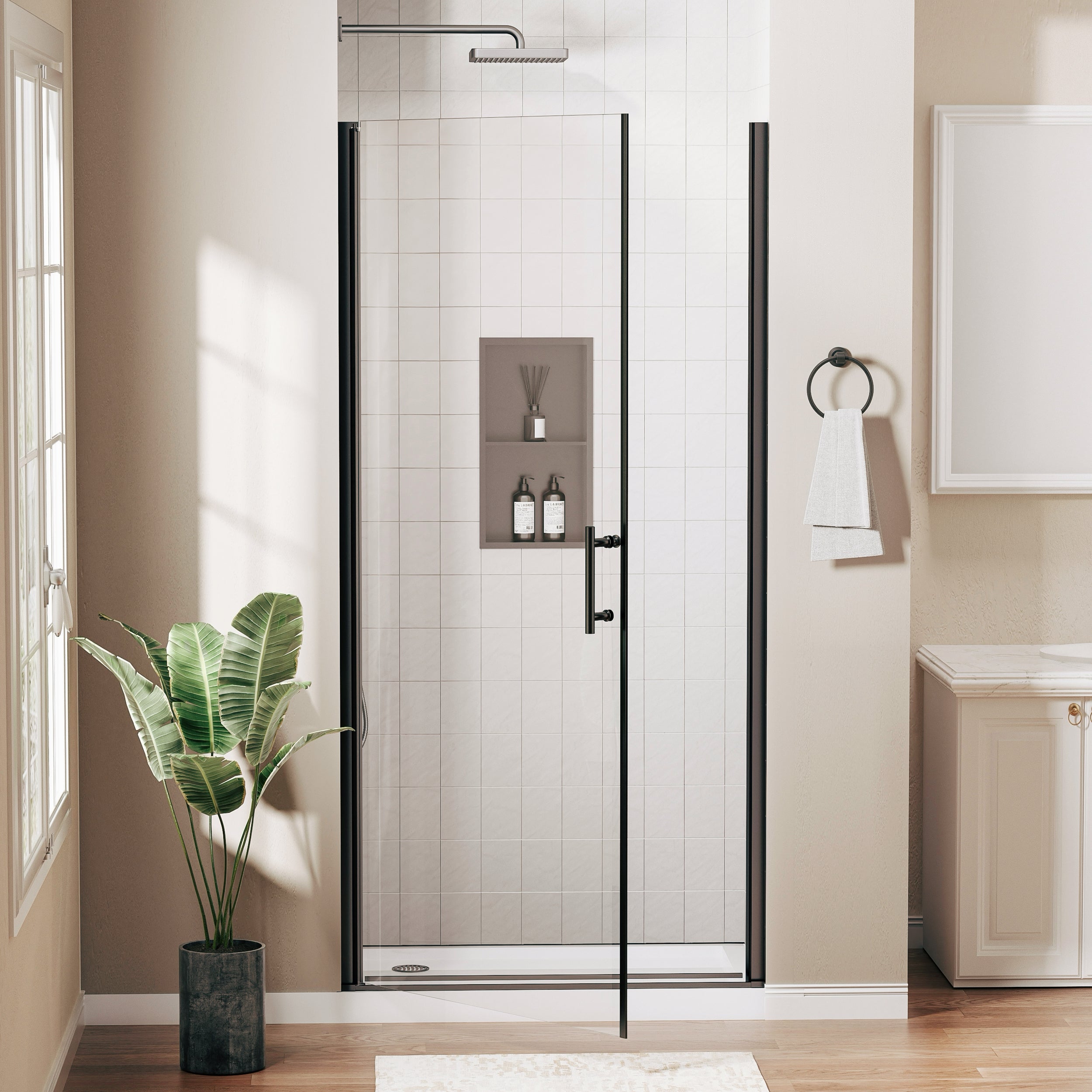 32-33 In. W X 72 In. H Frameless Pivot Swing Shower Door with Matte Black Frame and Nano-Coated Clear Tempered Glass SD03BL3272