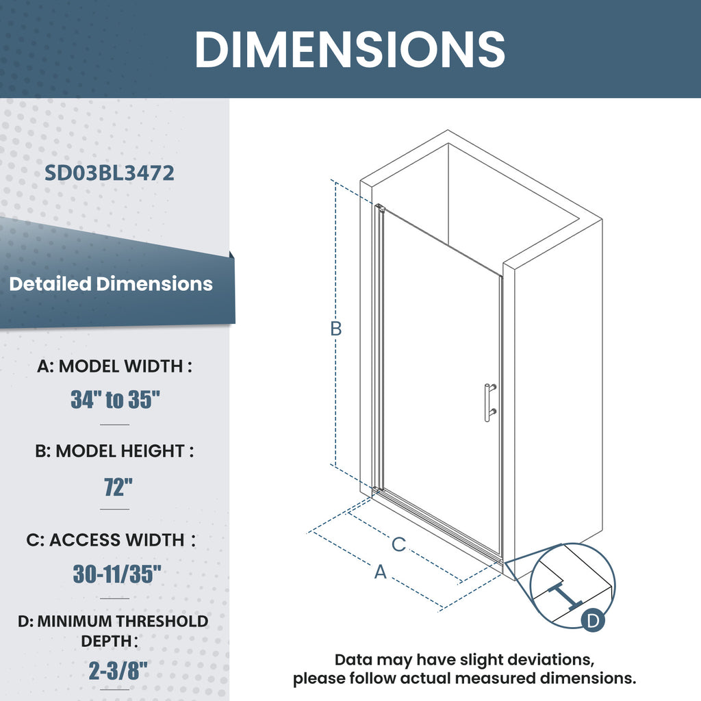34-35 In. W X 72 In. H Frameless Pivot Swing Shower Door with Matte Black Frame and Nano-Coated Clear Tempered Glass