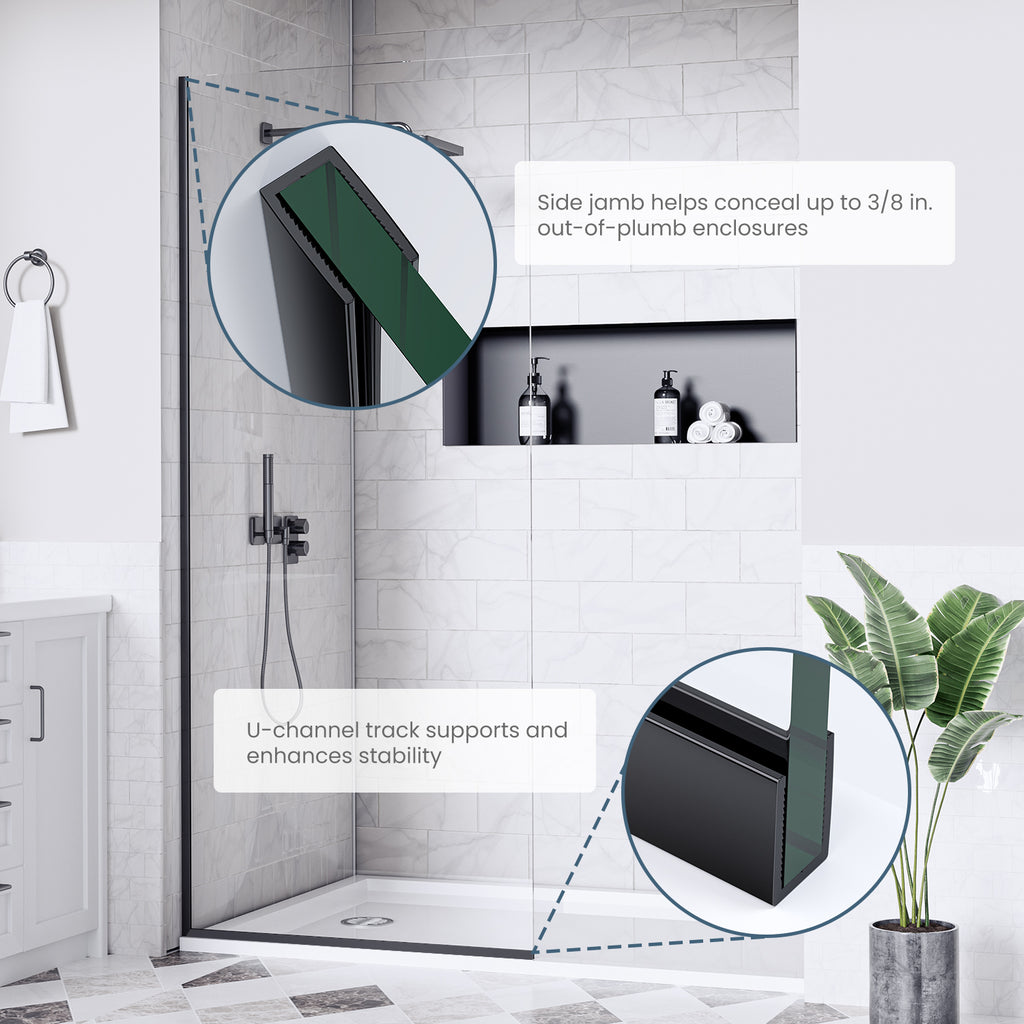 34 In. W X 74 In. Semi-Frameless Matte Black Fixed Glass Shower Door With Nano-Coated Clear Tempered Glass