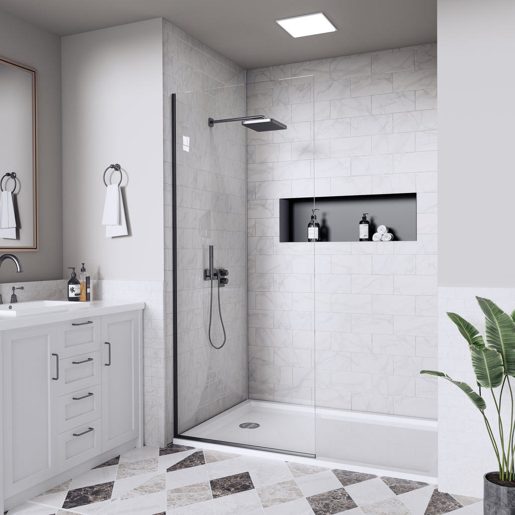 36 In. W X 74 In. H Semi-Frameless Matte Black Fixed Glass Shower Door With Nano-Coated Clear Tempered Glass