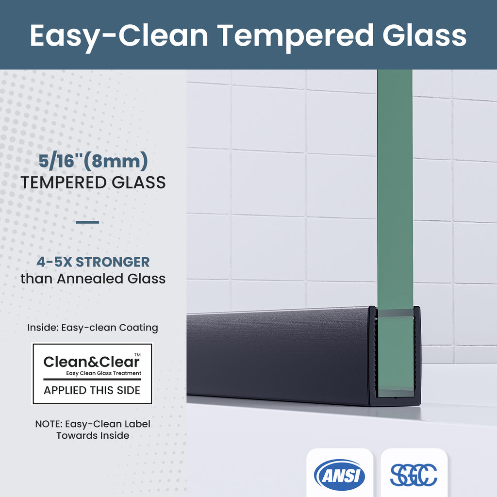 36 In. W X 74 In. H Semi-Frameless Matte Black Fixed Glass Shower Door With Nano-Coated Clear Tempered Glass